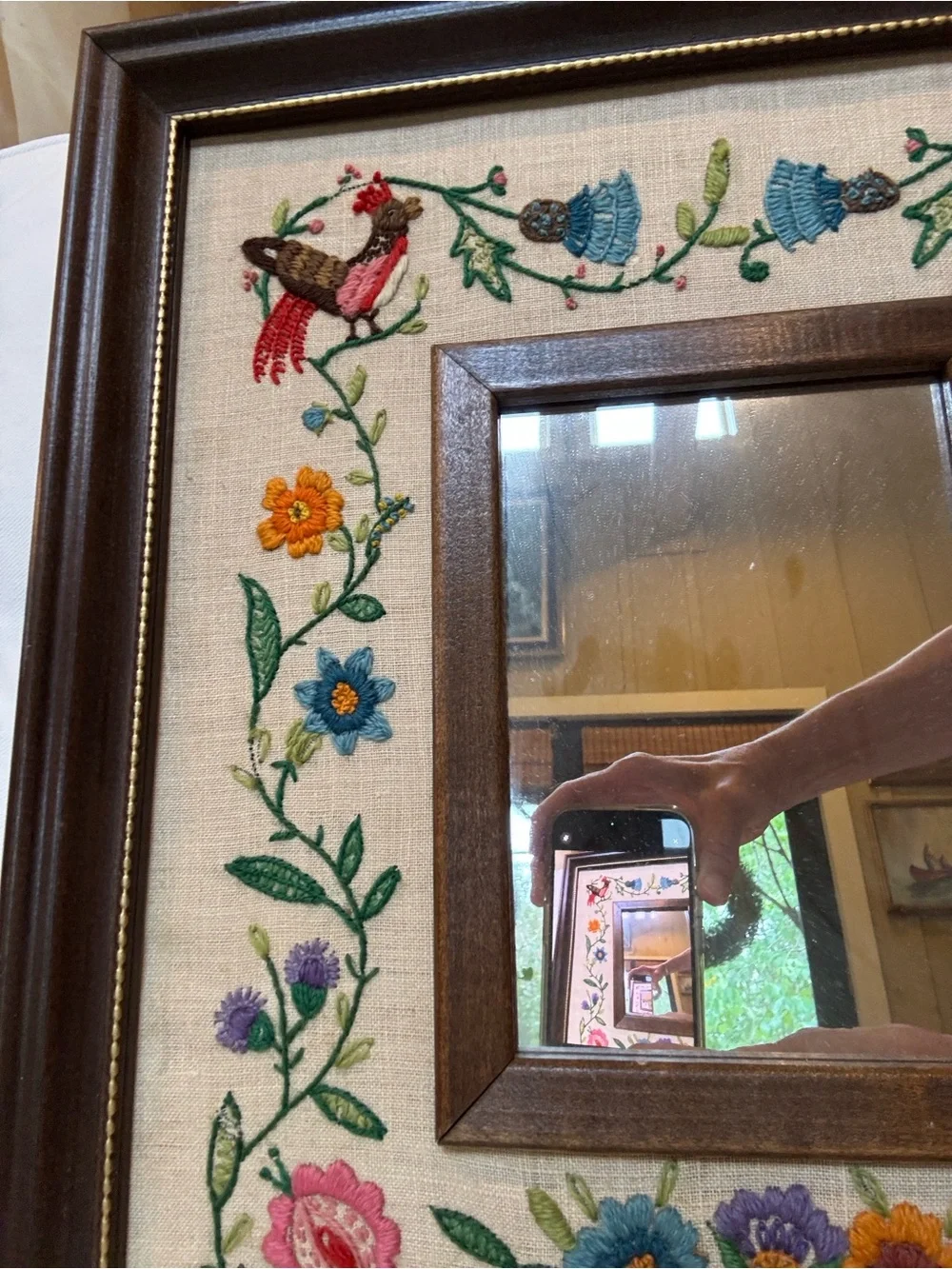 Vintage embroidery crewel framed mirror. Floral bird design